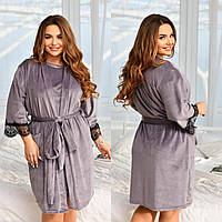 Жіночий зручний домашній красивий комплект піжама: велюрові халат та сукня, батал великі розміри