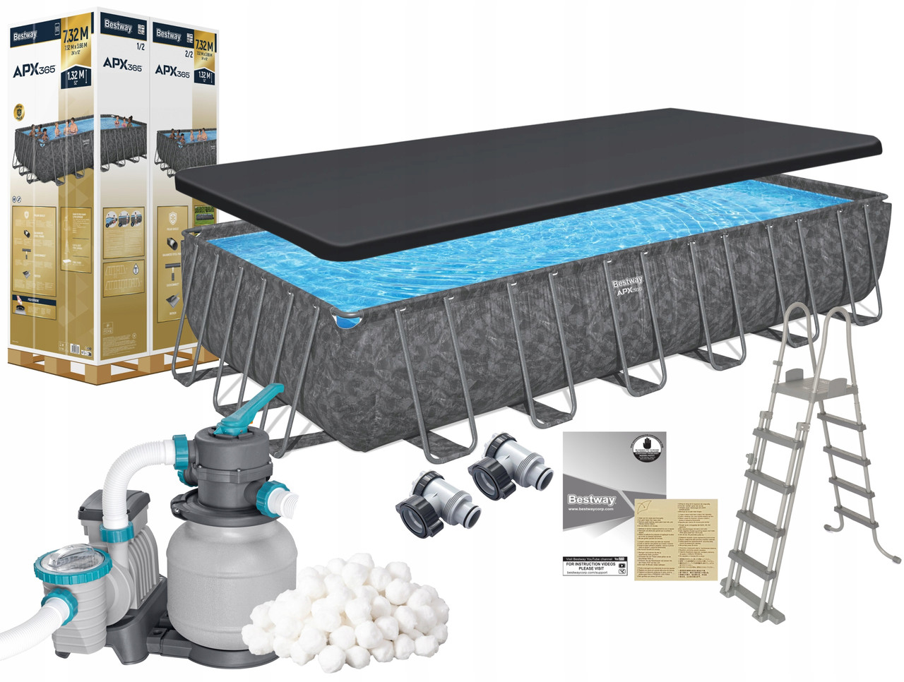 Басейн Bestway 561KG каркасний 732 х 366 х 132 см, пісочний ф-р насос 6056 л/год, сходи, тент