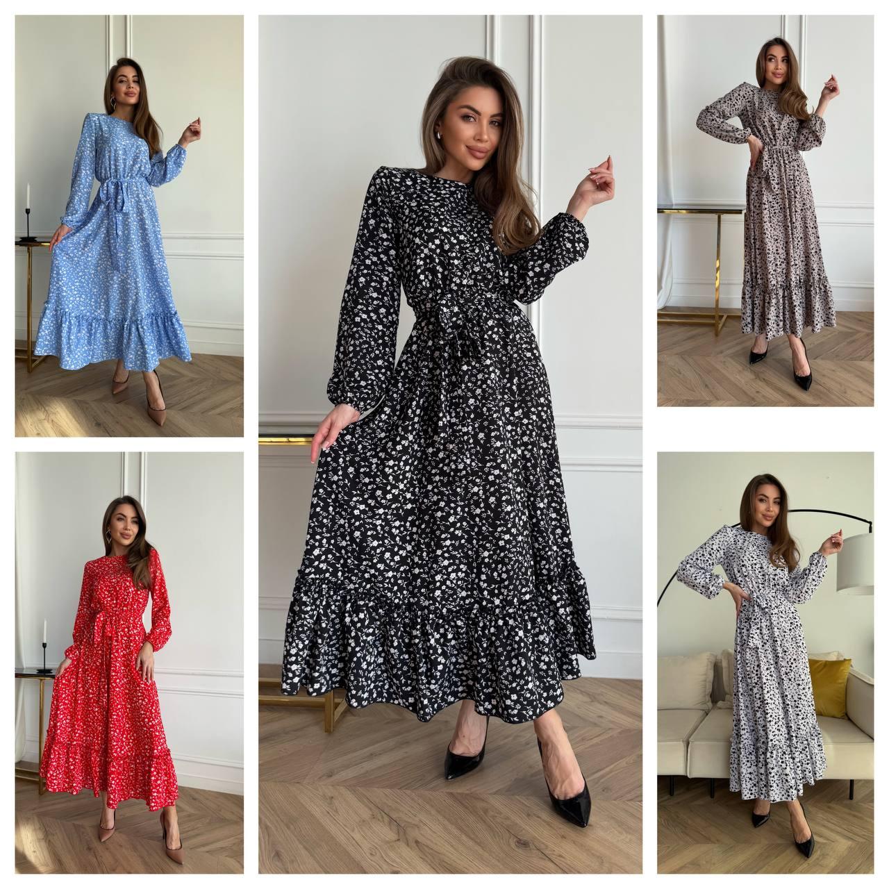 Плаття жіноче нижче колін міді А-силуету з поясом і воланом по низу весна-літо талія гумка розміри 42-48