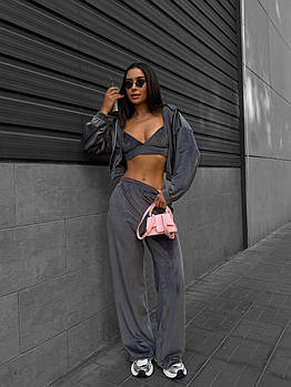 Костюм жіночий стильний велюровий трійка худі, бра і штани (Норма)