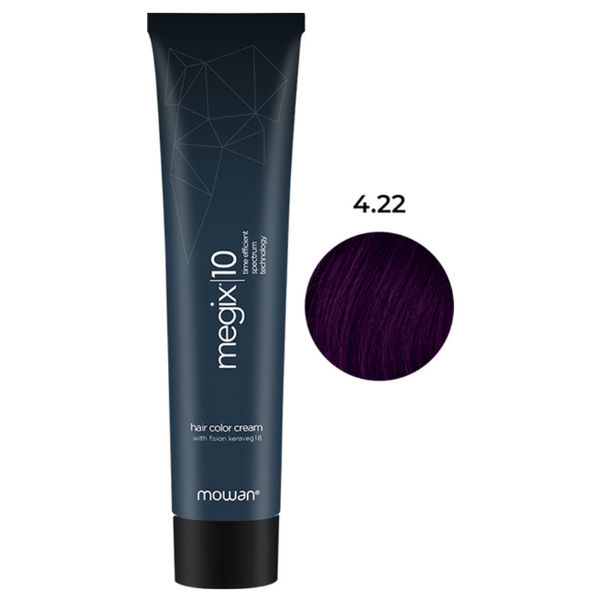 Фарба для волосся з низьким вмістом аміаку Megix10 Mowan 4.22 інтенсивний фіолетовий середньо-коричневий