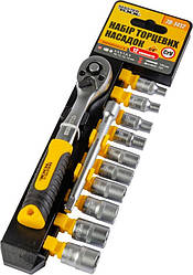 Набір головок торцевих 6-гранних MASTERTOOL 1⁄4" 4-13 мм з тріскачкою 72 зубці подовжувач CrV 12 шт 78-1412