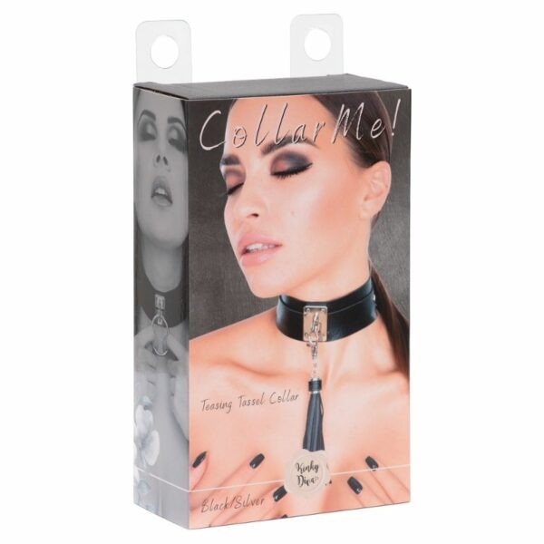 Нашийник Kinky Diva Collar Me широкий чорно-сріблястий з пензликом для романтичних зустрічей та клубів