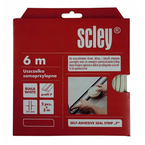 Ущільнювач самоклеючий Scley для вікон та дверей, профіль P, білий, 2 x 3 м, фото 1