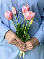 Штучні тюльпани латексні піоновидні ніжно-рожеві, букет 5 квіток Real Touch