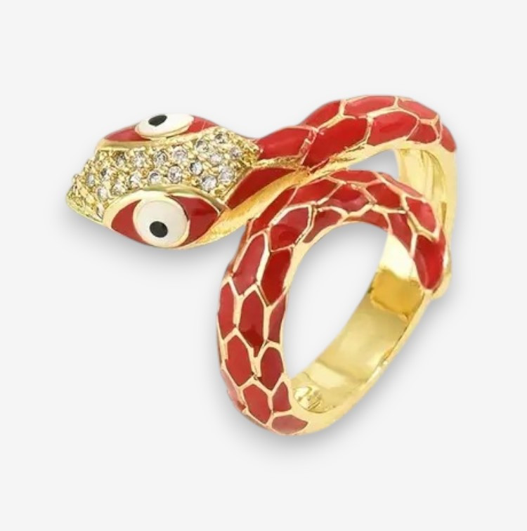 Каблучка у вигляді червоної змії з узором у стилі хіп-хоп, регульований розмір, золотисте, фото 1