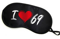 Маска для очей I Love 69 чорна з глянцевого матеріалу для захисту від світла та комфорту уві сні
