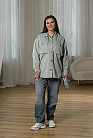 Куртка-сорочка жіноча котонова зелена середньої довжини з накладними кишенями та паском ПЛ-28