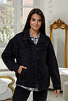 Джинсова куртка жіноча чорна з кишенями 6306