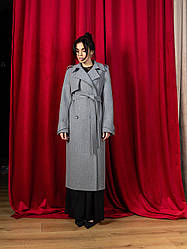 Жіноче демісезонне двобортне класичне пальто максі в сірому кольорі