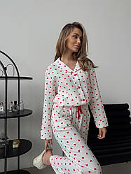 Жіноча Муслінова піжама рожеві Червоні Серця COSY штани+сорочка БІЛИЙ M252P