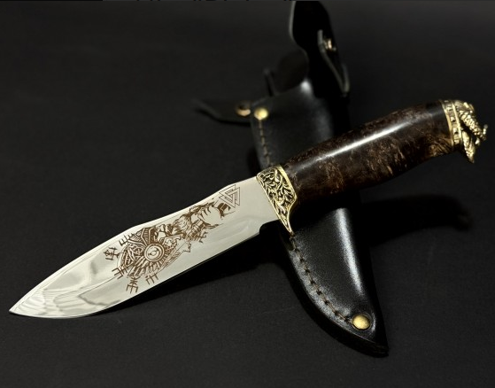Подарунковий мисливський ніж з гравіюванням "Вікінг" в піхвах з натуральної шкіри ручна робота, фото 1