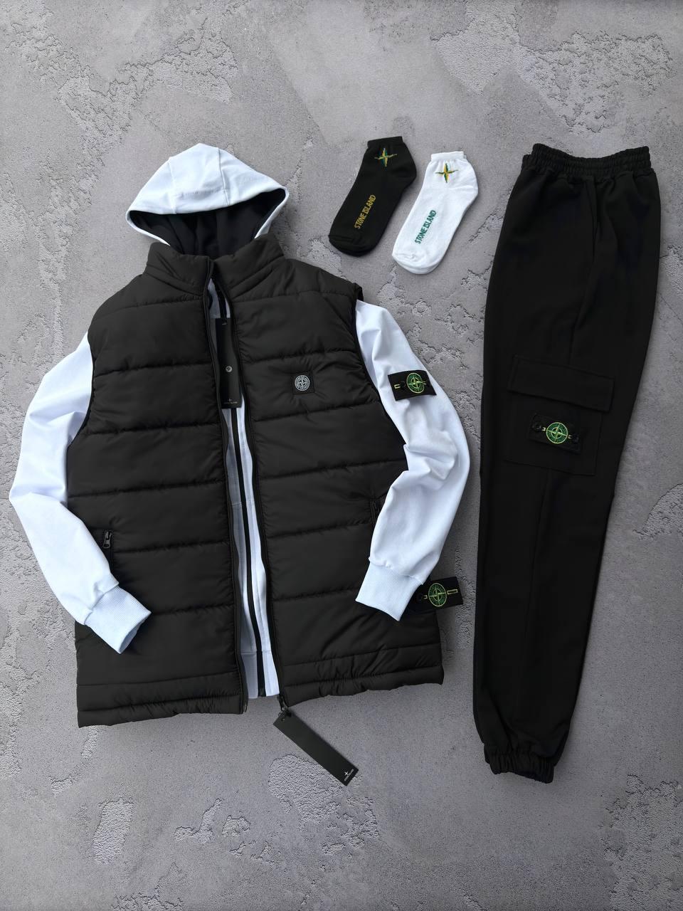 Чоловічий костюм Stone Island + Жилетка + Шкарпетки білий з патчем Комплект Стон Айленд весняний осінній