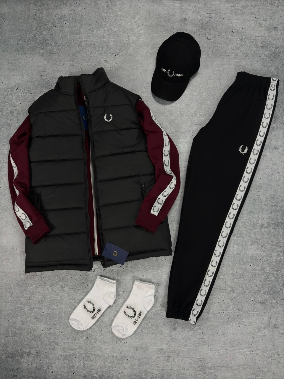 Чоловічий костюм Fred Perry + Жилетка + Кепка + Шкарпетки бордовий з лампасами Фред Перрі весняний осінній