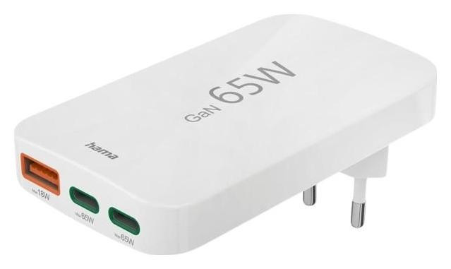 Hama 65W GaN, 2X USB-C, 1X USB-A, White, фото 1