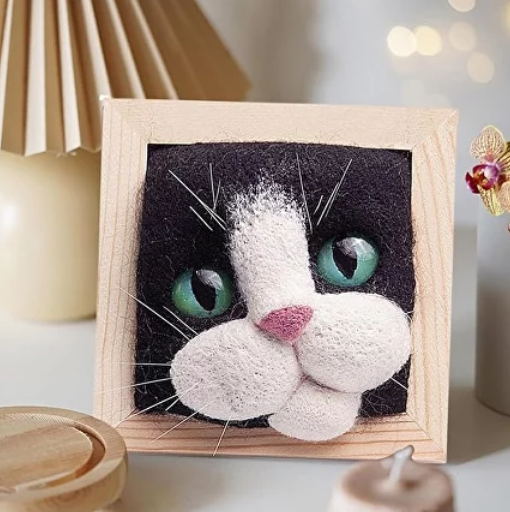 Набір для сухого валяння техніка валяння картин з вовни 3д чорно-білий кіт, фото 1