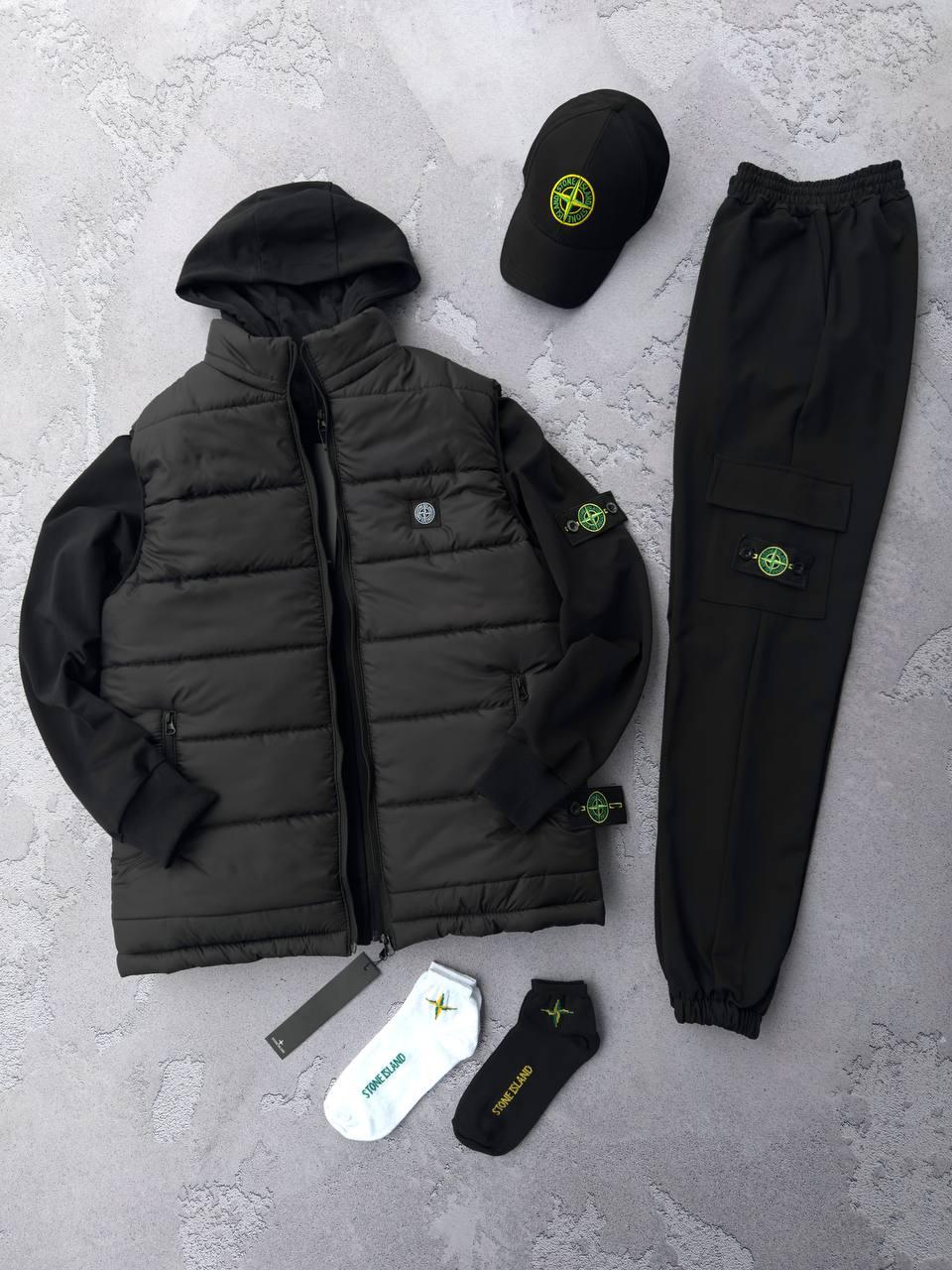 Чоловічий костюм Stone Island + Жилетка + Шкарпетки чорний з патчем Комплект Стон Айленд весняний осінній
