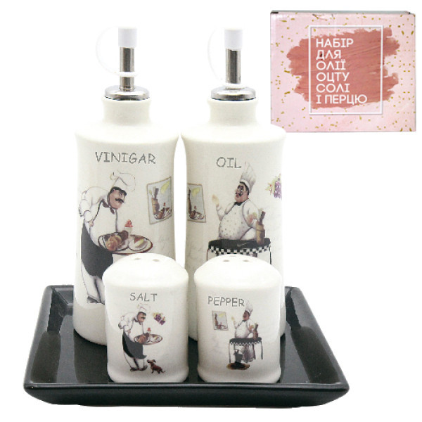 700-06-10 Набір 5 пр. 2 пляшки для олії/оцту набір для солі і перцю на керам. підставці "Гурман"(16)