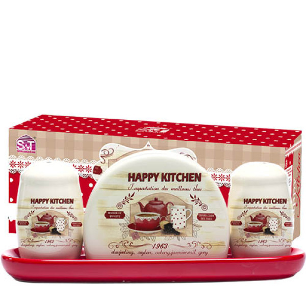 6912-11 Набір для солі і перцю з салф. на керам. підставці "Happy Kitchen"