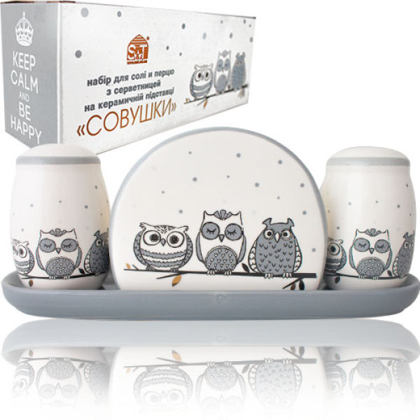 6912-18 Набір для солі і перцю з салф. на керам. підставці "Совушки" (22х7х8,5см)