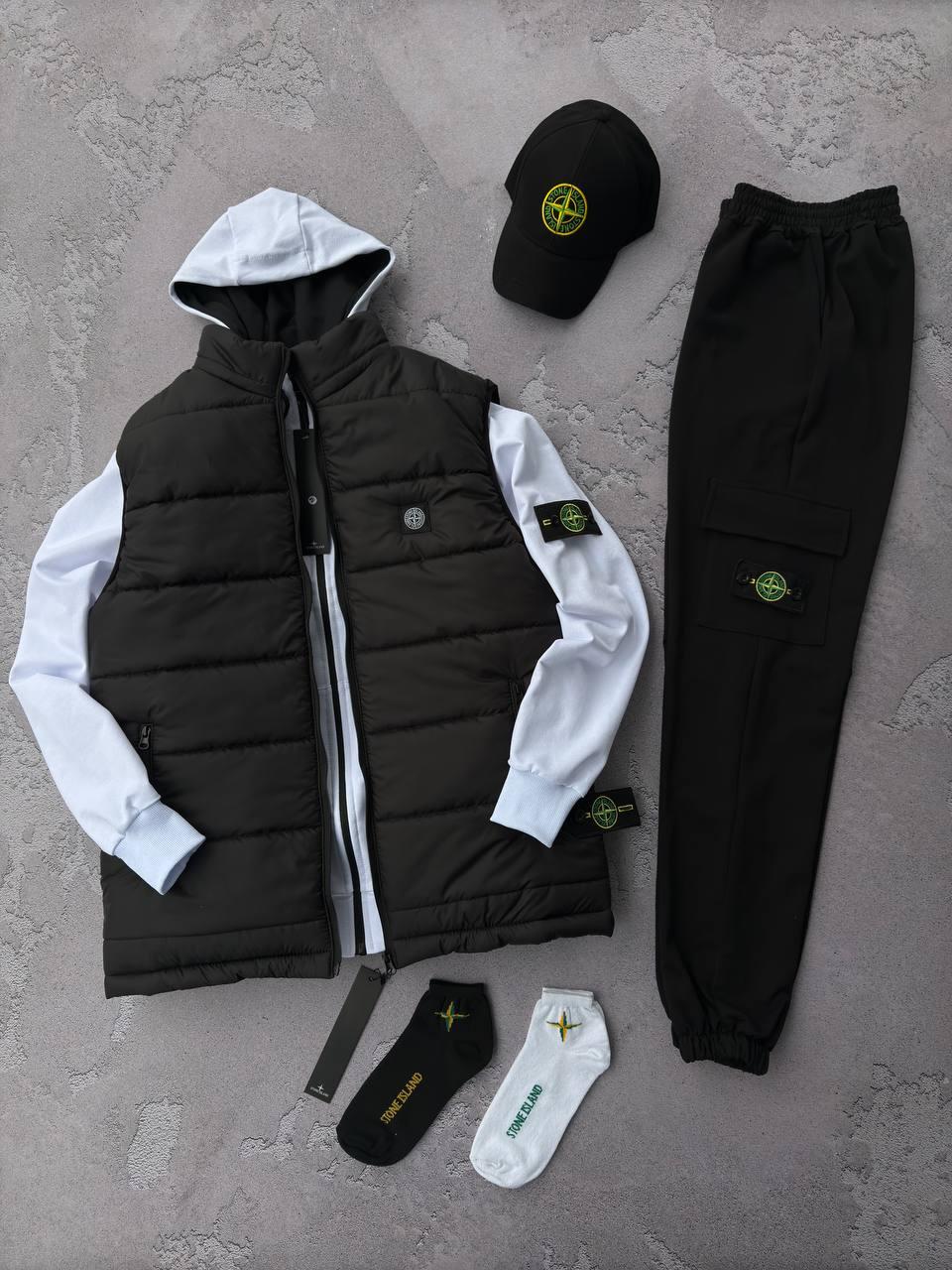Чоловічий костюм Stone Island + Жилетка + Шкарпетки білий з патчем Комплект Стон Айленд весняний осінній