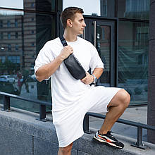 Сумка бананка чоловіча через плече з натуральної шкіри, містка на пояс, чорна