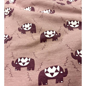 Кулір стрейч ткань трикотажная преміум с принтом слоніки на пудровом