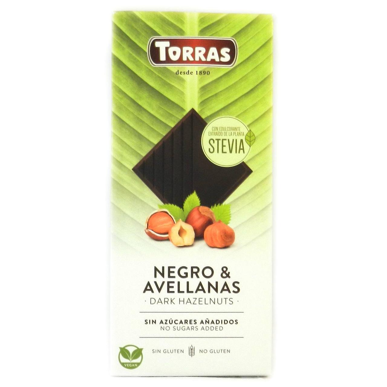 Шоколад Torras Stevia чорний із лісовим горіхом без глютену та цукру 125 г, фото 1