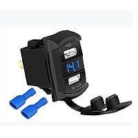 Гніздо USB подвійне прямокутне врізне 5V 4.2А з синім вольтметром та кришкою (DS2013-E)