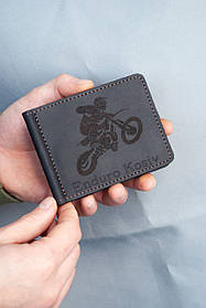 Персональне гравіювання Вашого малюнку! Прижим для грошей шкіряний чорний для мотоцикліста