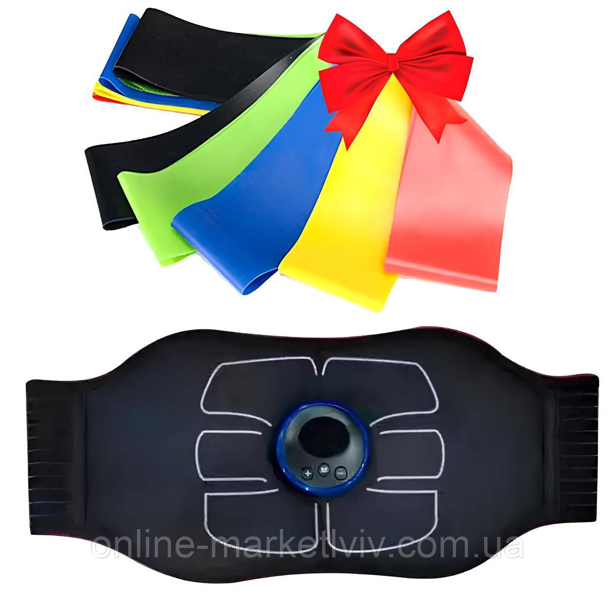 Масажний пояс для схуднення + Подарунок Набір резинок для фітнесу 5шт / Масажер міостимулятор для преса, фото 1
