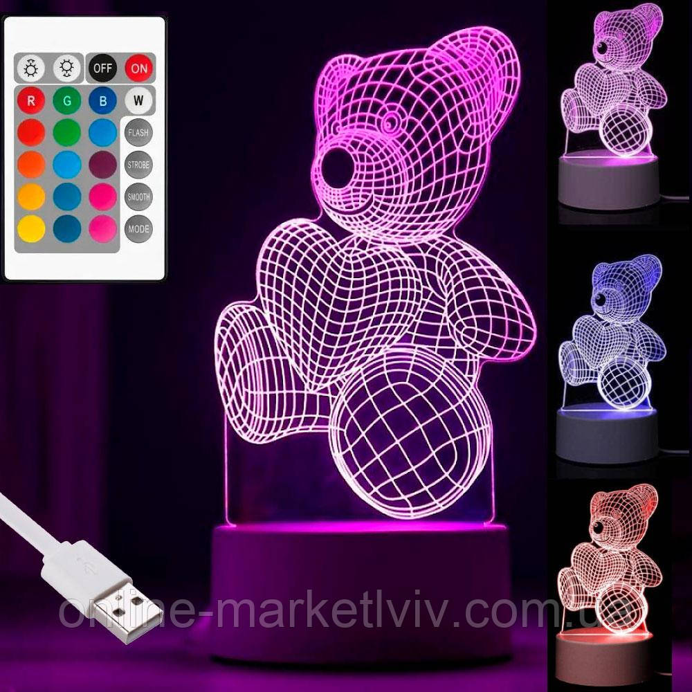 3D нічник Ведмедик з серцем + пульт, від USB / Акриловий світильник / Лампа-нічник