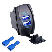 Гніздо USB подвійне прямокутне врізне 5V 3.1А з синім індикатором та кришкою (DS2013-L)