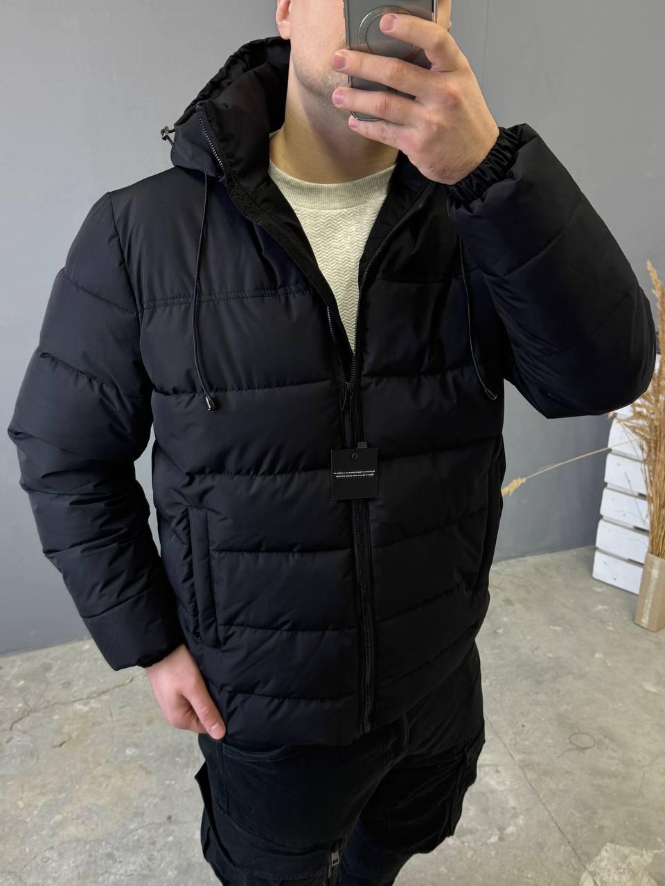 Чоловіча куртка чорна весняна осіння Куртка з капюшоном демісезонна утеплена, фото 1