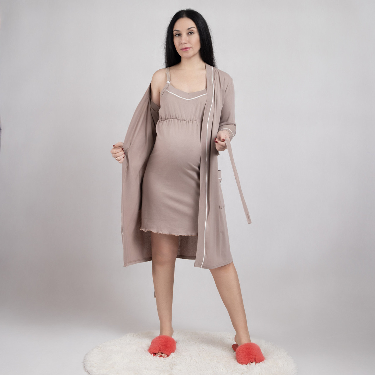 Комплект для вагітних і мам-годувальниць з кантом літній нічна та халат однотонний бежевий р.44-60