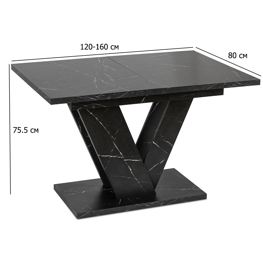 Розкладний стіл у вітальню матовий Clark 120-160х80 см під чорний мармур на одній нозі у стилі мінімалізм, фото 1