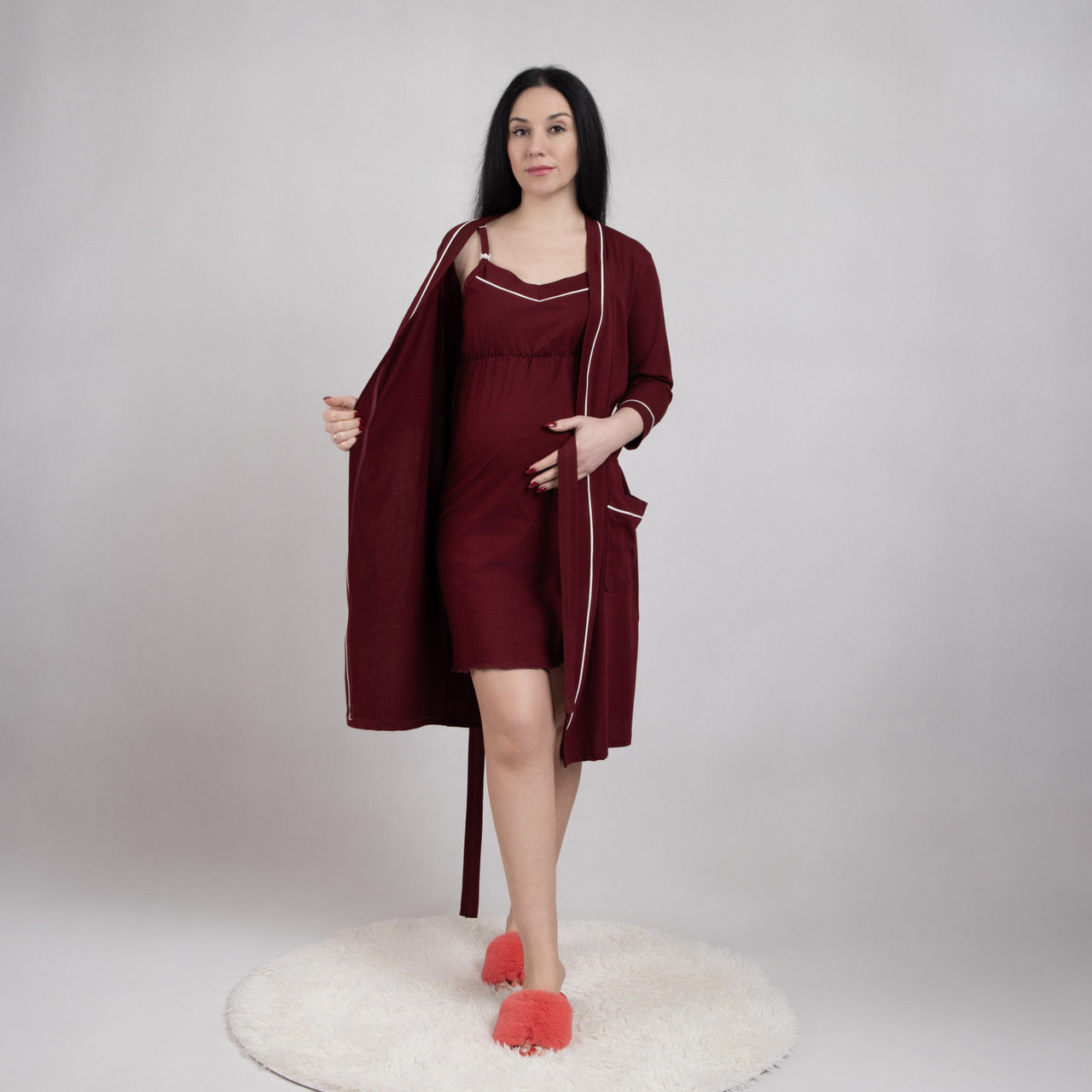 Комплект для вагітних і мам-годувальниць з кантом літній нічна та халат однотонний бордовий р.44-60