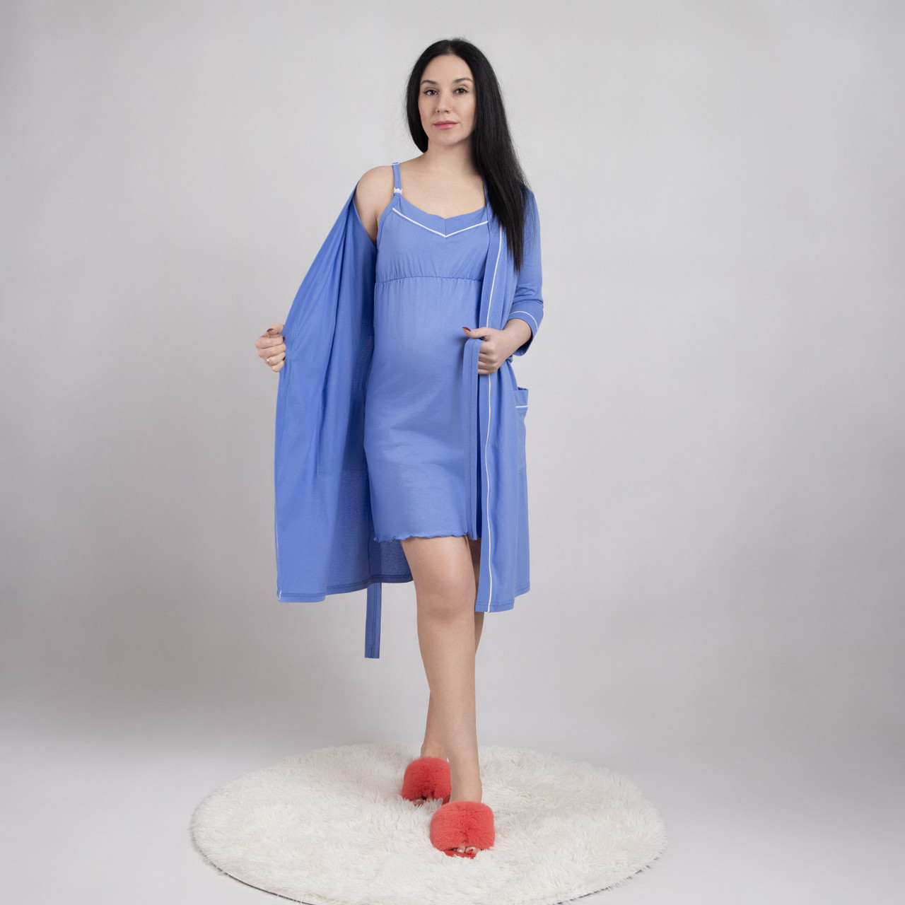 Комплект для вагітних і мам-годувальниць з кантом літній нічна та халат однотонний синій р.44-60