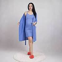 Комплект для вагітних і мам-годувальниць з кантом літній нічна та халат однотонний синій р.44-60