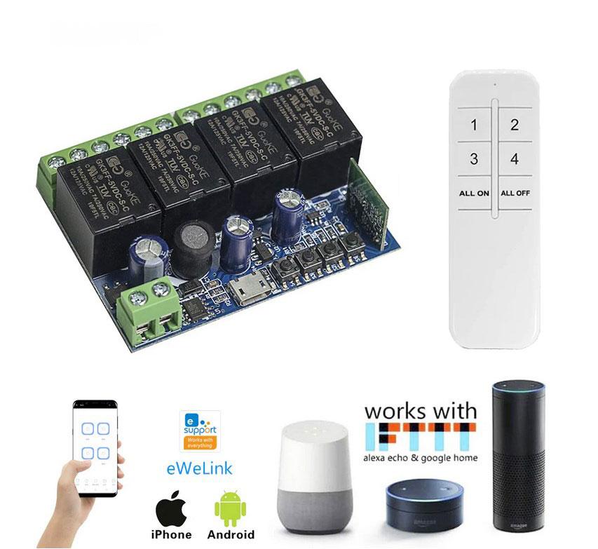 Wi-Fi реле 4 канали 7-32 в USB 5 в з пультом, Сухий контакт Ewelink, фото 1