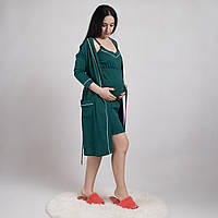 Комплект для вагітних і мам-годувальниць з кантом літній нічна та халат однотонний смарагд р.44-60