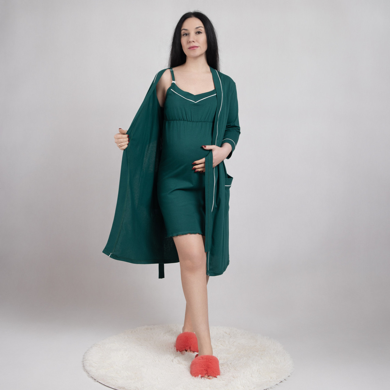 Комплект для вагітних і мам-годувальниць з кантом літній нічна та халат однотонний смарагд р.44-60