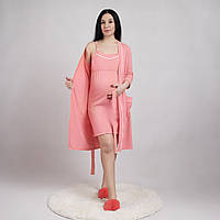 Комплект для вагітних і мам-годувальниць з кантом літній нічна та халат однотонний персиковий р.44-60