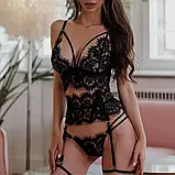 Жіночий комплект чорної білизни трусики, ліф, широкий пояс з підтяжками, фото 6