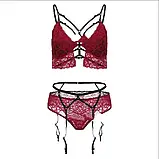 Комплект червоної жіночої білизни трусики, ліфчик, пояс з чорними підв'язками, фото 4