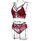 Комплект червоної жіночої білизни трусики, ліфчик, пояс з чорними підв'язками, фото 3