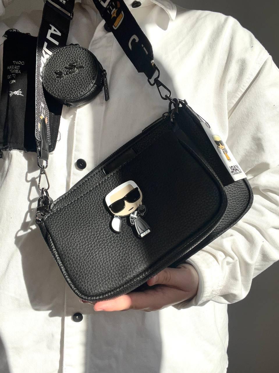 Жіноча сумка крос боді шкіряна Karl з гаманцем для навушників на широкиому ремені через плече чорна, фото 1