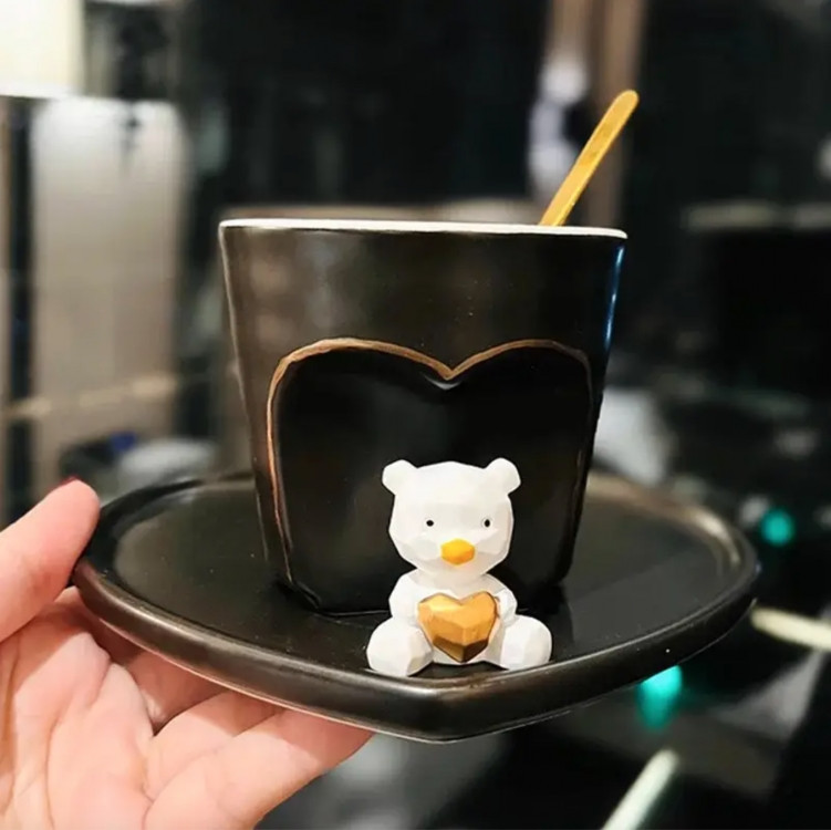 Набір чашка блюдце закохане ведмежа чорний, фото 1