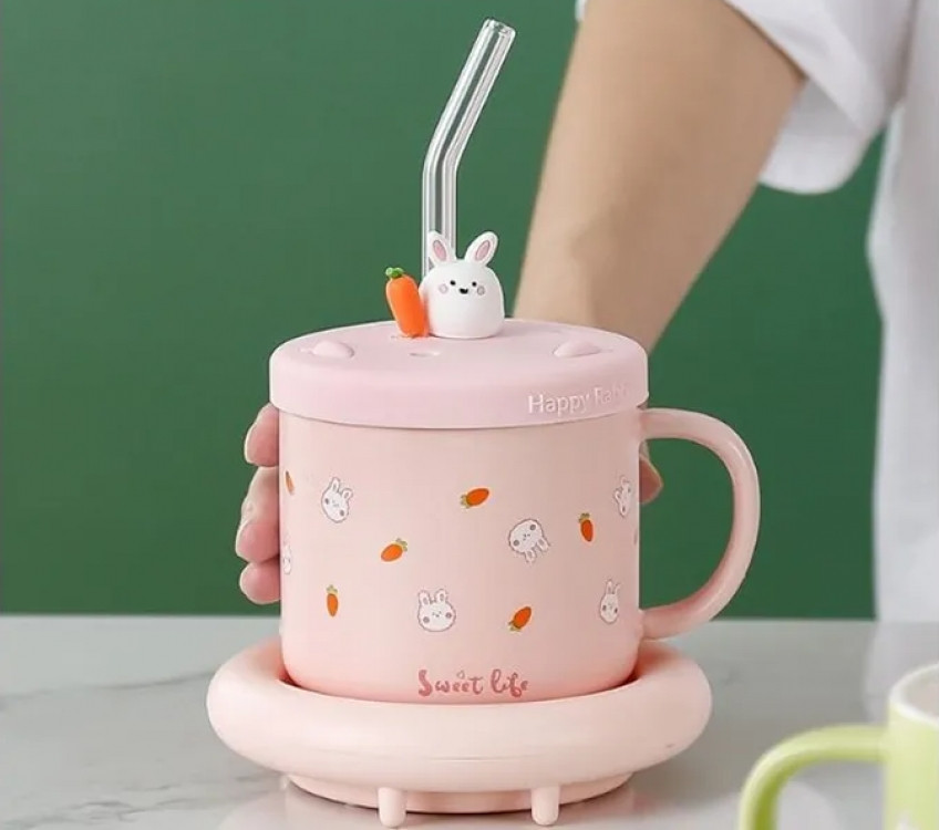 Чашка трубочкою, кришкою на поставці Зайчик з підігрівом від 220в Pink, фото 1