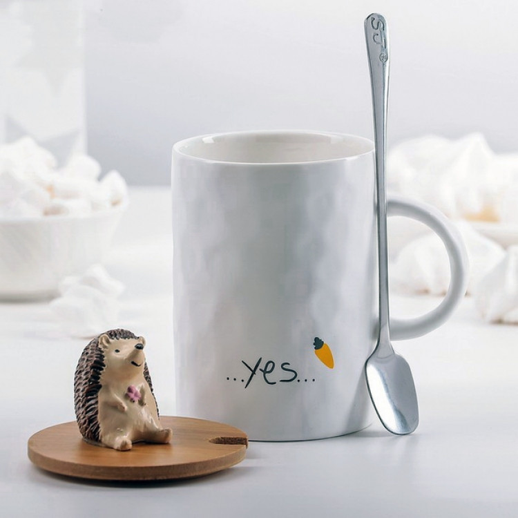 Кухоль Yes з їжачком на деревяній кришці з ложкою 375 мл, фото 1